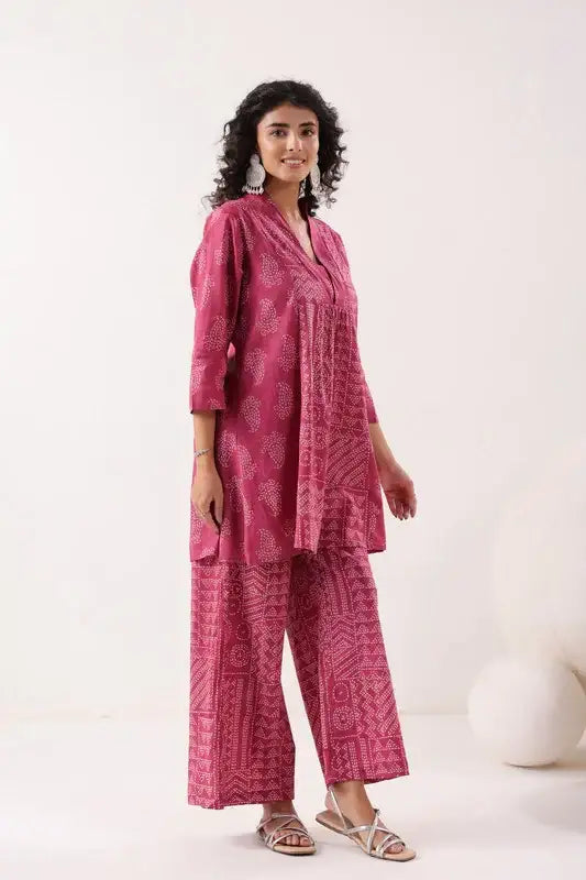 Rani Pink Bandhani Printed Cotton Co-ord Set