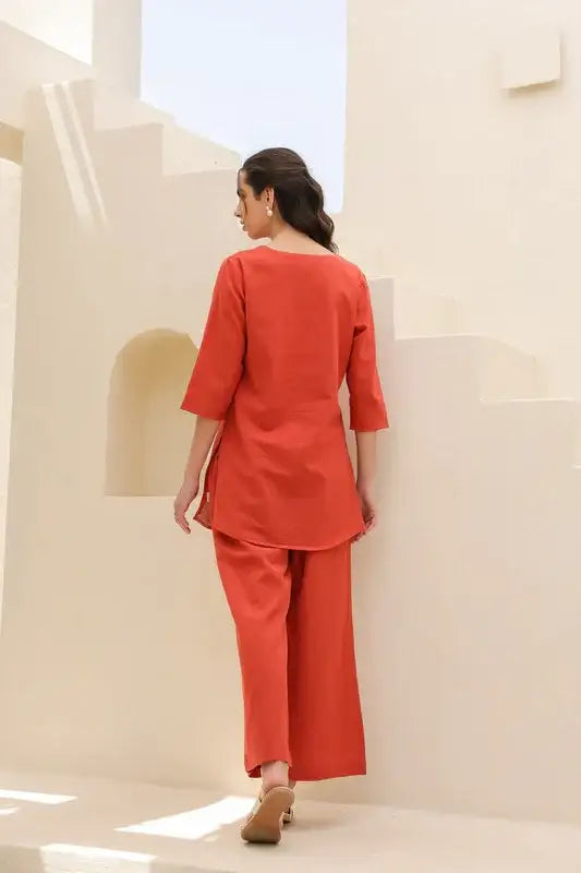 Tangerine Embroidery Cotton Flex Co-ord Set