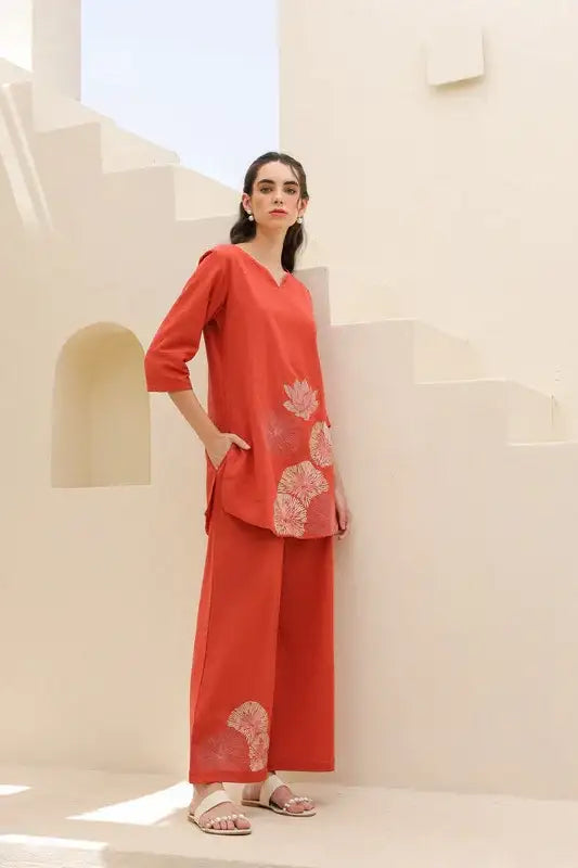 Tangerine Embroidery Cotton Flex Co-ord Set
