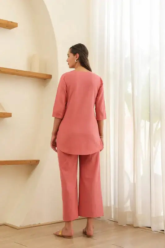 Flamingo Pink Embroidered Cotton Flex Co-ord Set