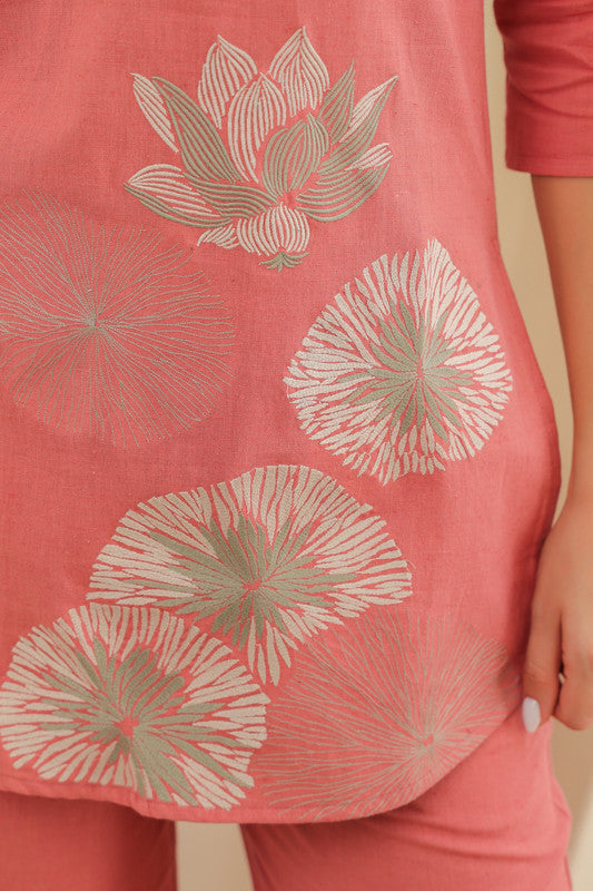 Flamingo Pink Embroidered Cotton Flex Co-ord Set