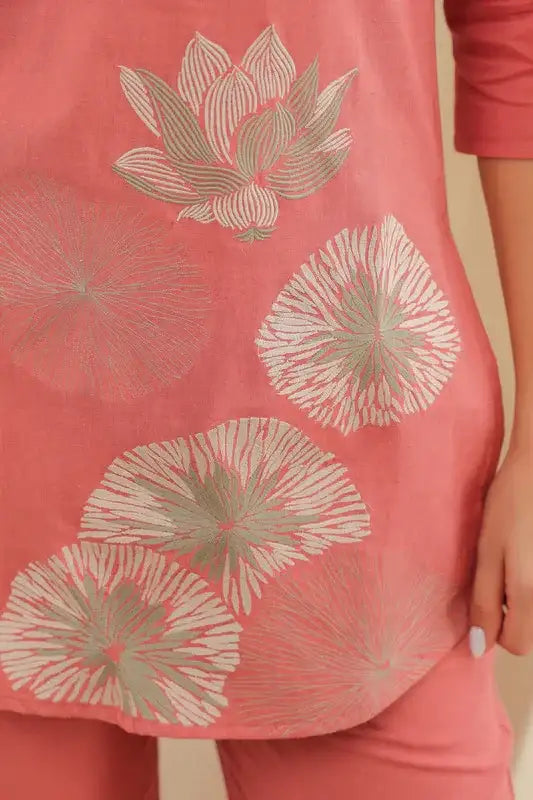 Flamingo Pink Embroidered Cotton Flex Co-ord Set
