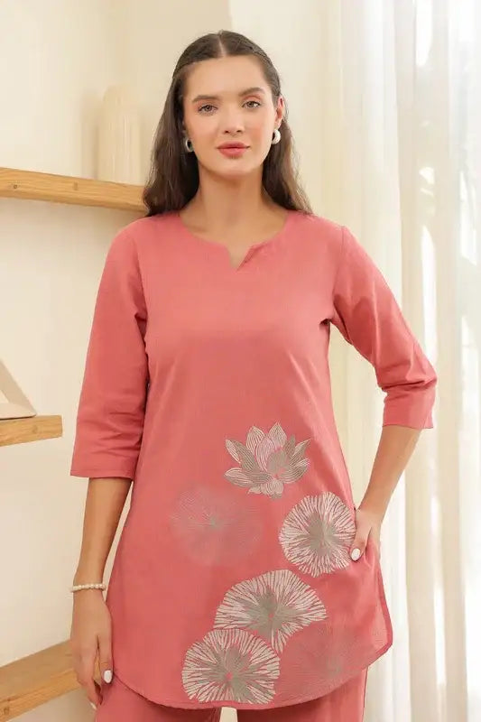 Flamingo Pink Embroidered Cotton Flex Co-ord Set