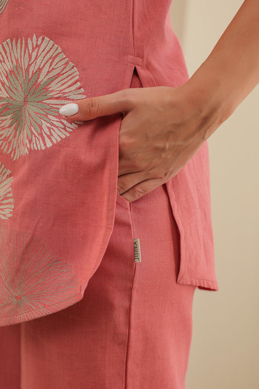 Flamingo Pink Embroidered Cotton Flex Co-ord Set