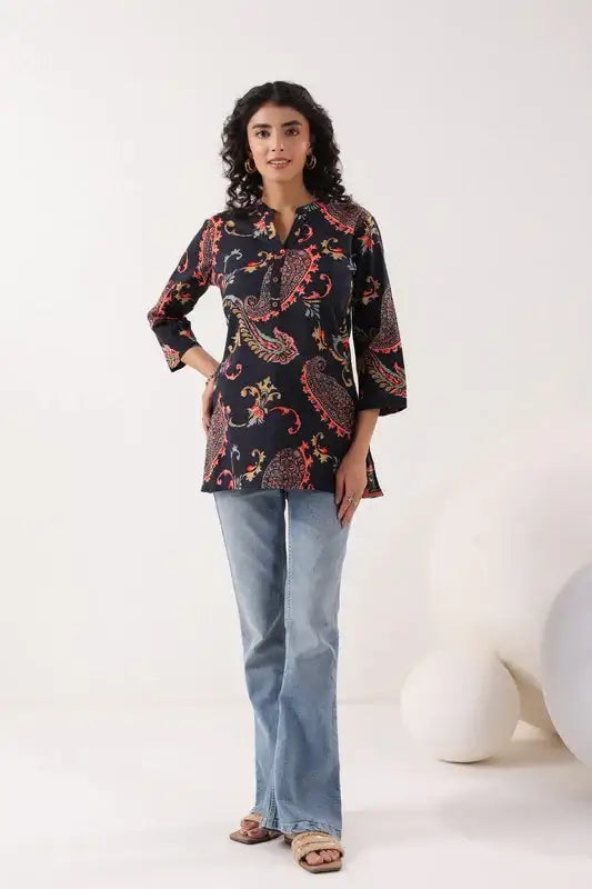 Dark Paisley Cotton Floral Black Top