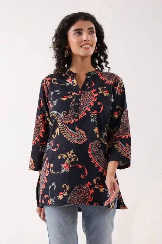 Dark Paisley Cotton Floral Black Top