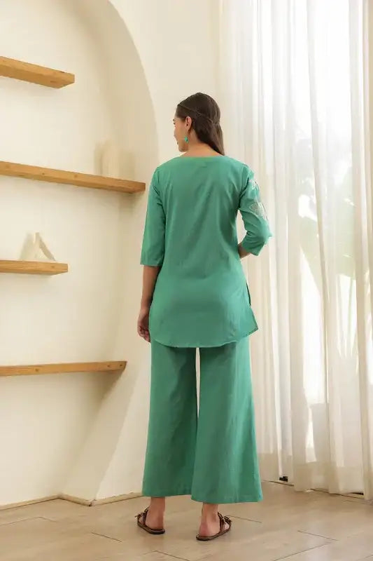 Aqua Embroidery Cotton Flex Co-ord Set