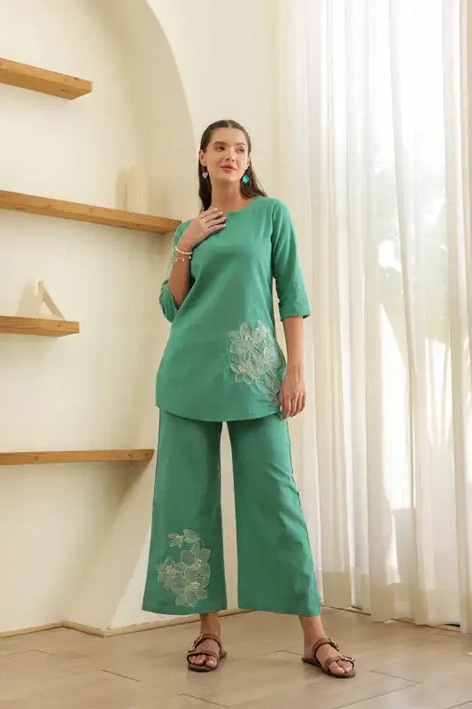 Aqua Embroidery Cotton Flex Co-ord Set