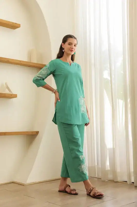 Aqua Embroidery Cotton Flex Co-ord Set