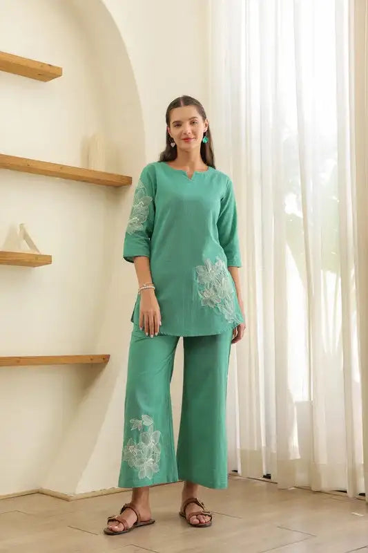 Aqua Embroidery Cotton Flex Co-ord Set