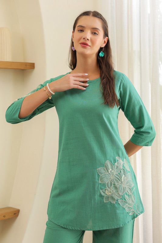 Aqua Embroidery Cotton Flex Co-ord Set
