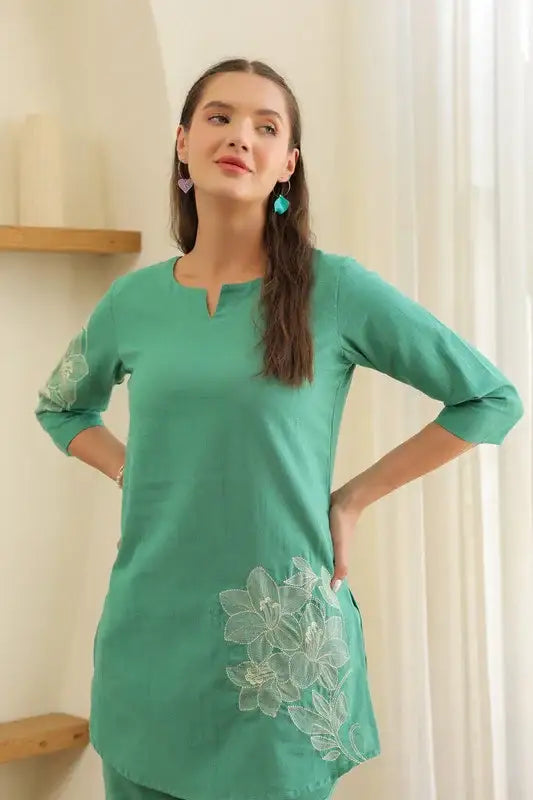 Aqua Embroidery Cotton Flex Co-ord Set