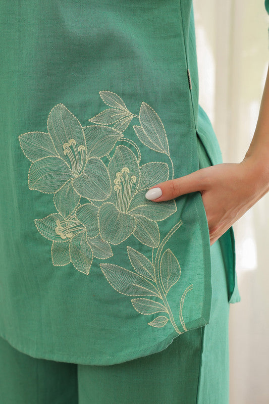 Aqua Embroidery Cotton Flex Co-ord Set