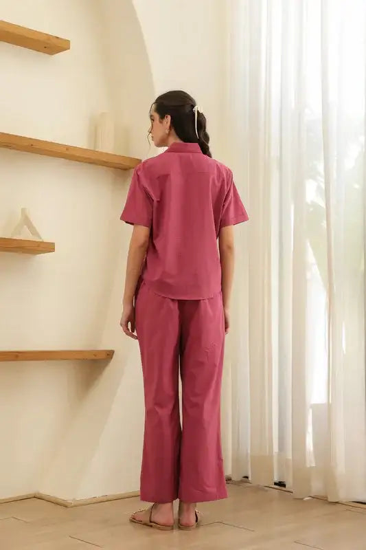 Coral Pink Embroidery Cotton Co-ord Set