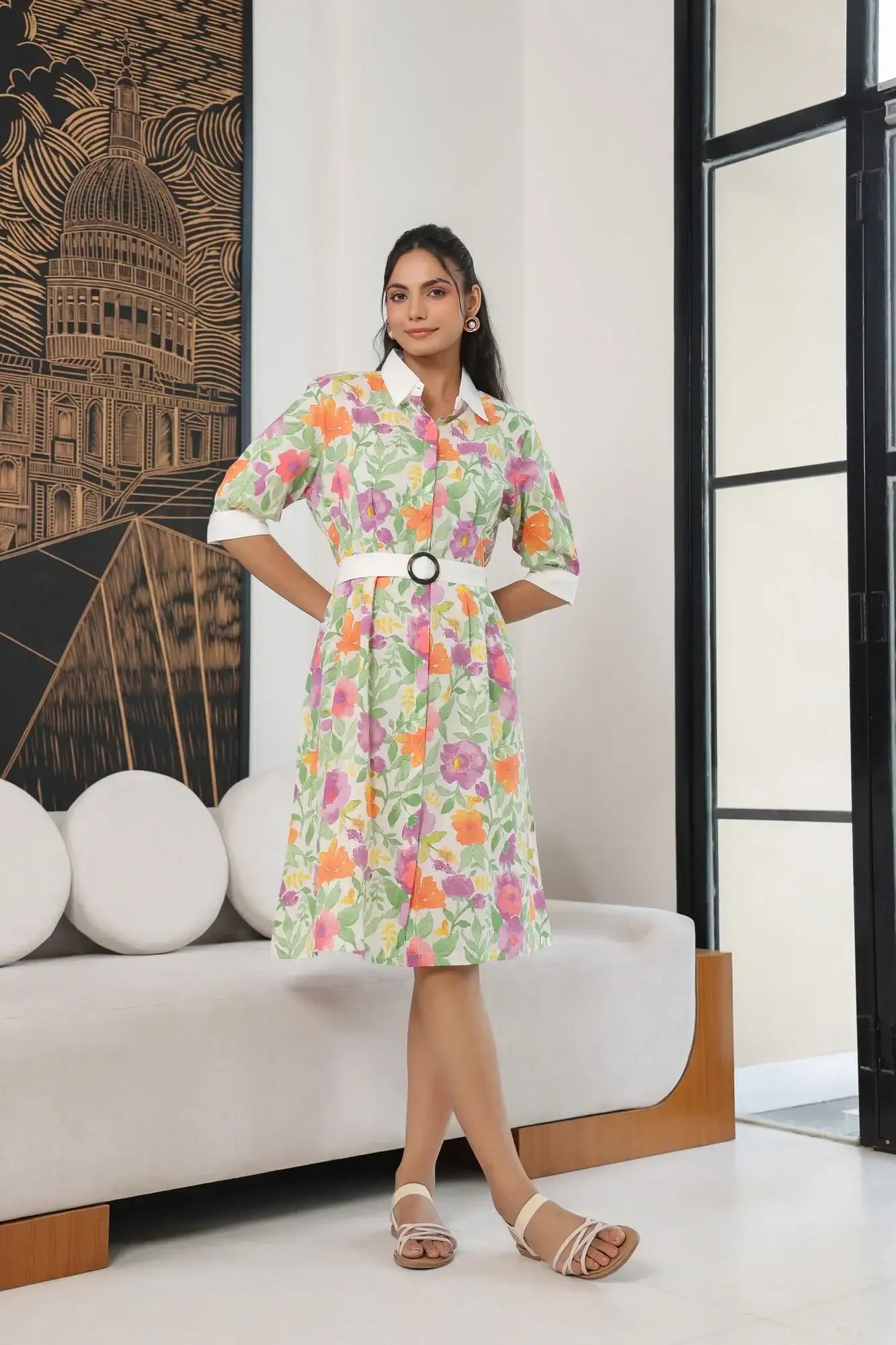 floret midi dress Contrasting Floret white Cotton Midi Dress