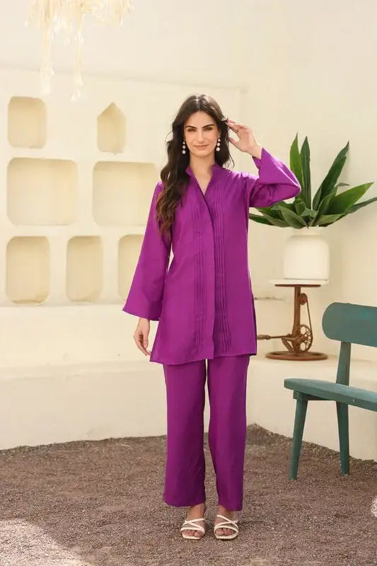 Pure Ease In Purple Russian Silk Co-ord Set