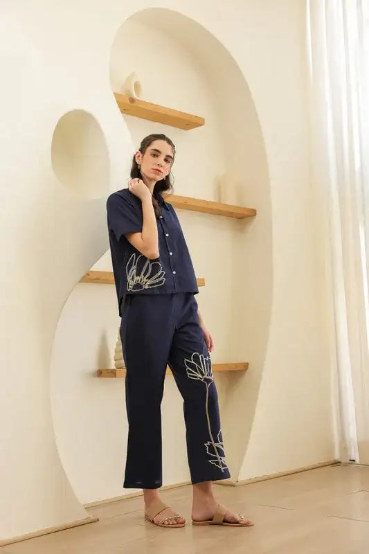 Night Blue Embroidery Cotton Co-ord Set