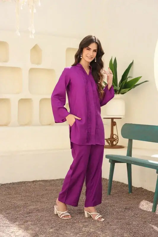Pure Ease In Purple Russian Silk Co-ord Set