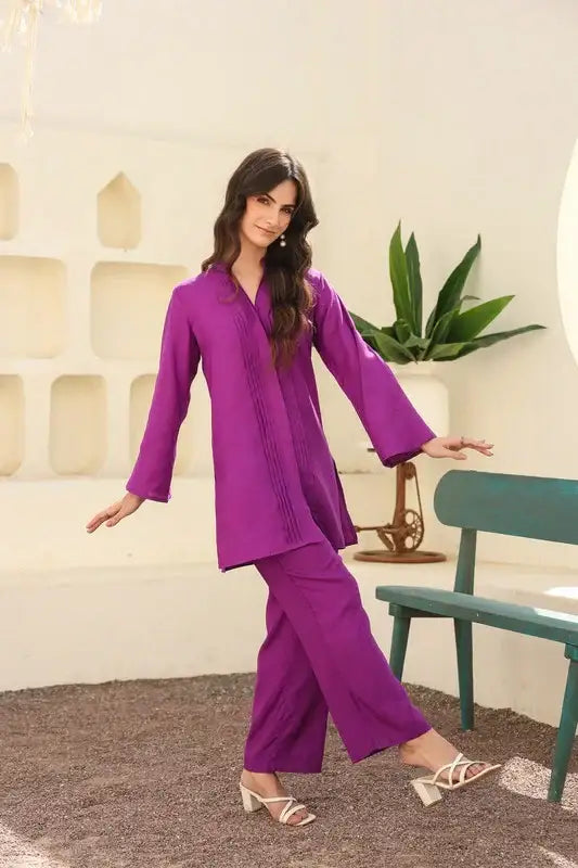 Pure Ease In Purple Russian Silk Co-ord Set