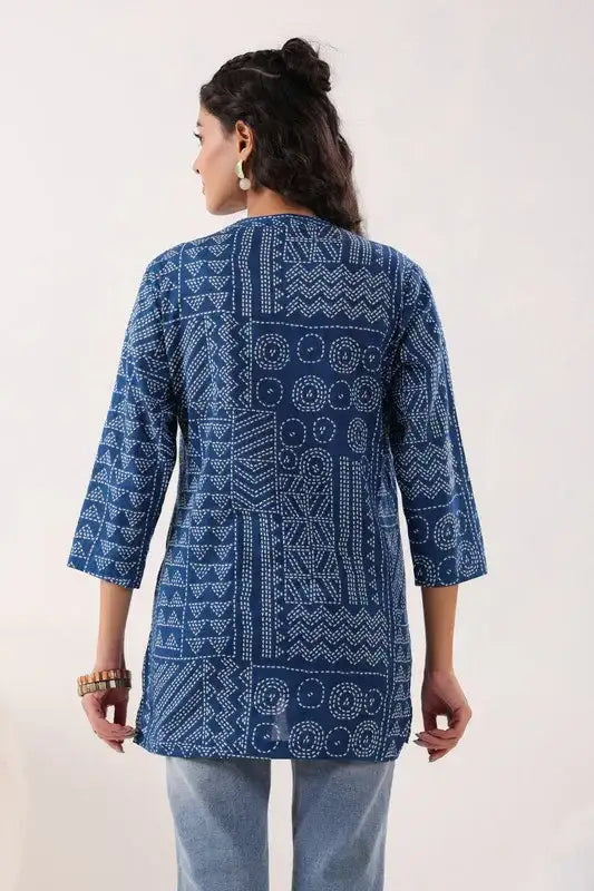 Tribal Echo Printed Blue Cotton Top