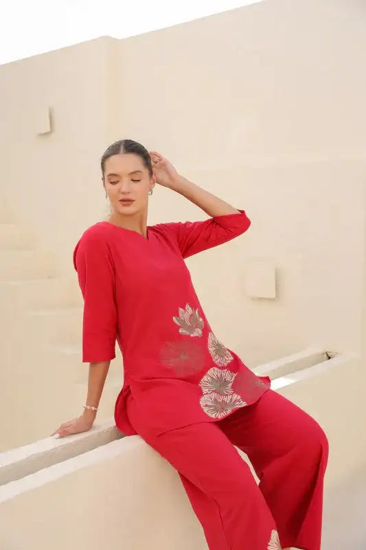 Scarlet Embroidery Cotton Flex Co-ord Set