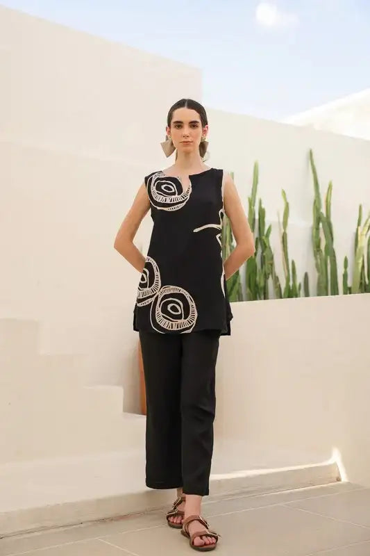 Charcoal Black Abstract Russian Slik Co-ord Set