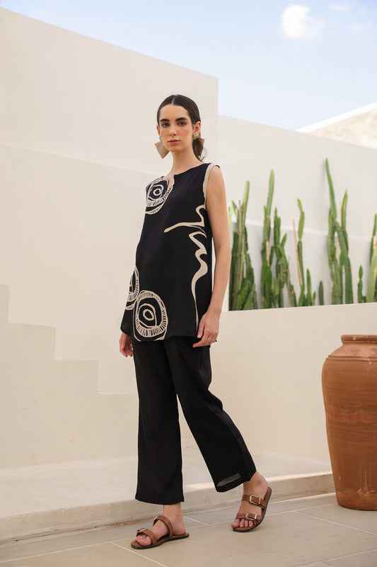 Charcoal Black Abstract Russian Slik Co-ord Set