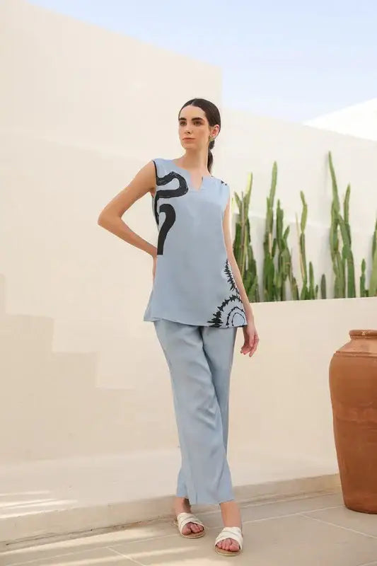 Powder Blue Abstract Russian Silk Co-ord Set