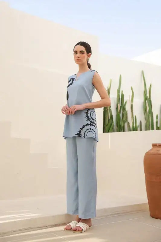 Powder Blue Abstract Russian Silk Co-ord Set