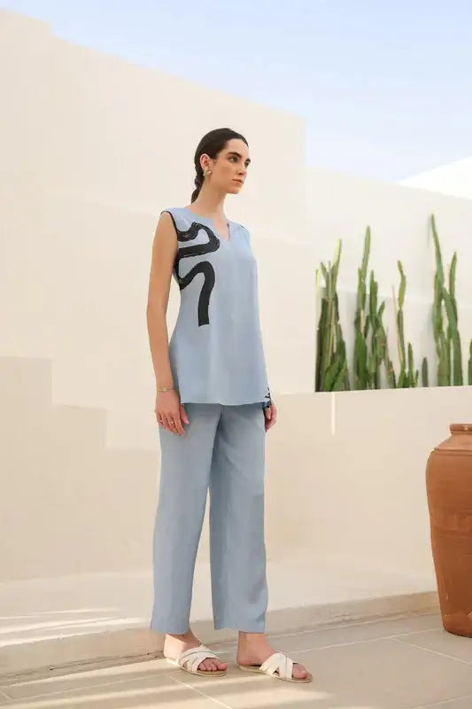 Powder Blue Abstract Russian Silk Co-ord Set