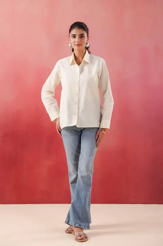 Ivory Glow Collared Off- White Poplin Shirt