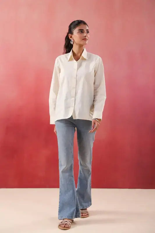 Ivory Glow Collared Off- White Poplin Shirt