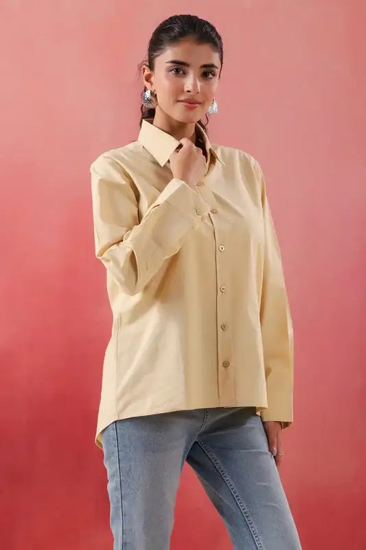 Sunny Whisper Collared Beige Poplin Shirt