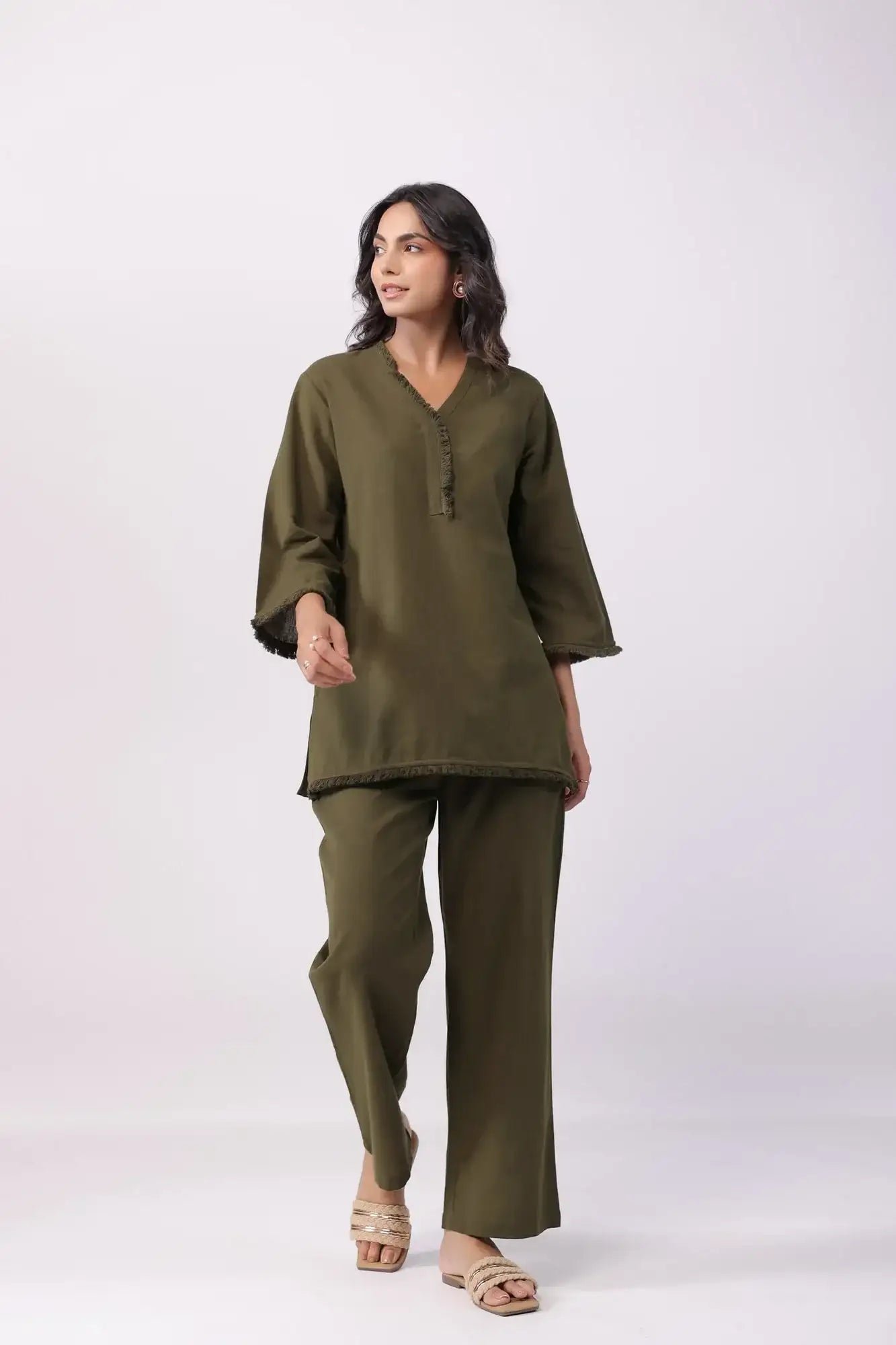 Olive Charm Green Cotton Flex Co-ord Set