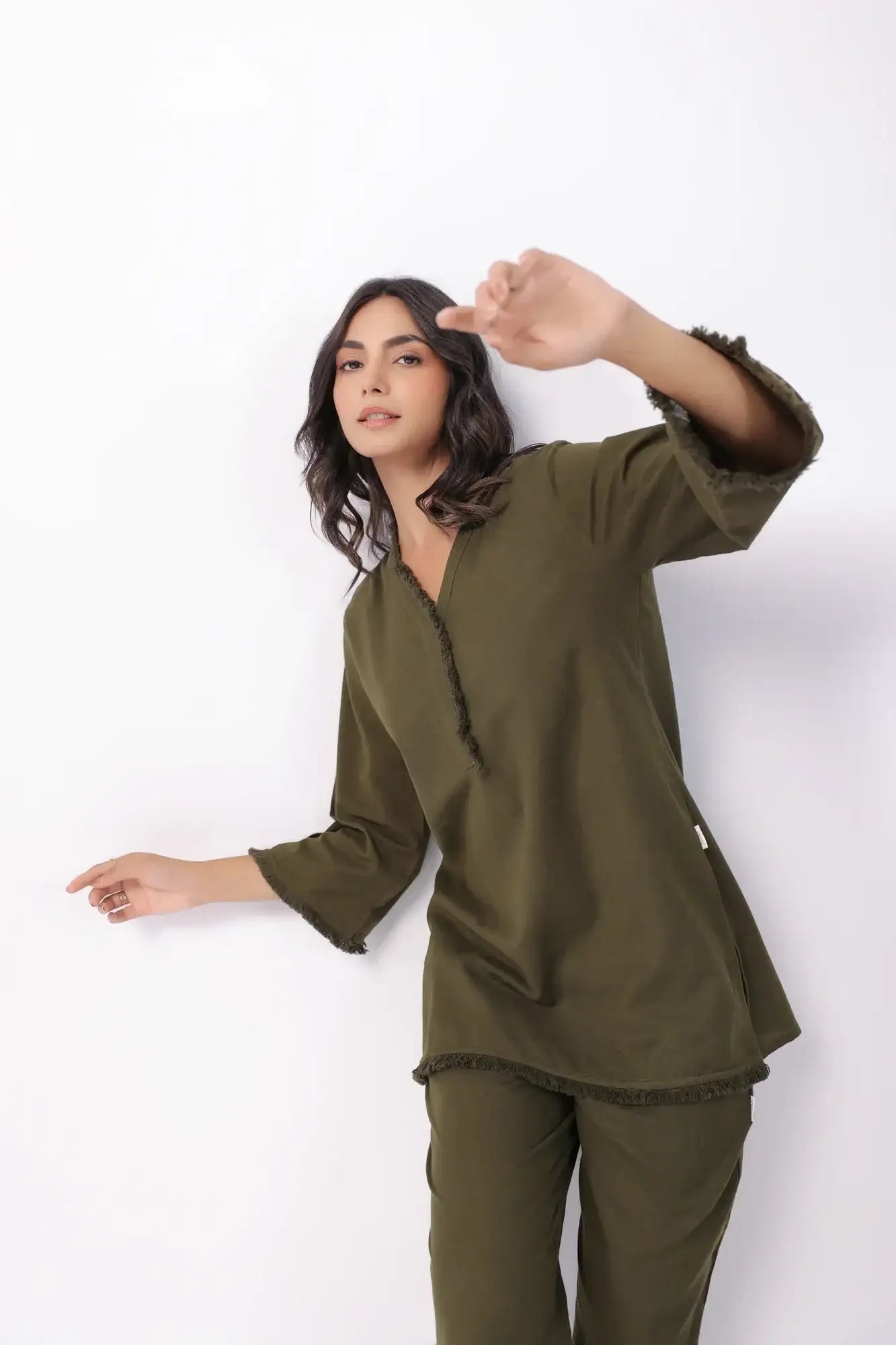 Olive Charm Green Cotton Flex Co-ord Set