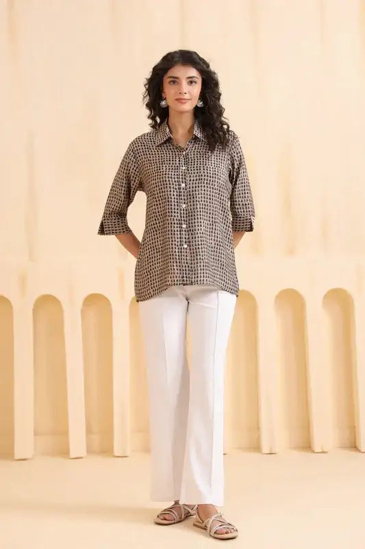 Mocha Mini Motif Everyday Muslin Silk Shirt