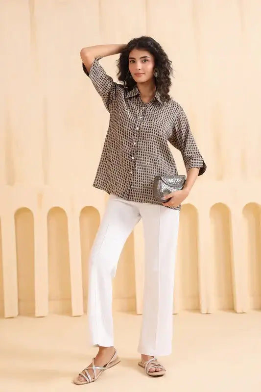 Mocha Mini Motif Everyday Muslin Silk Shirt