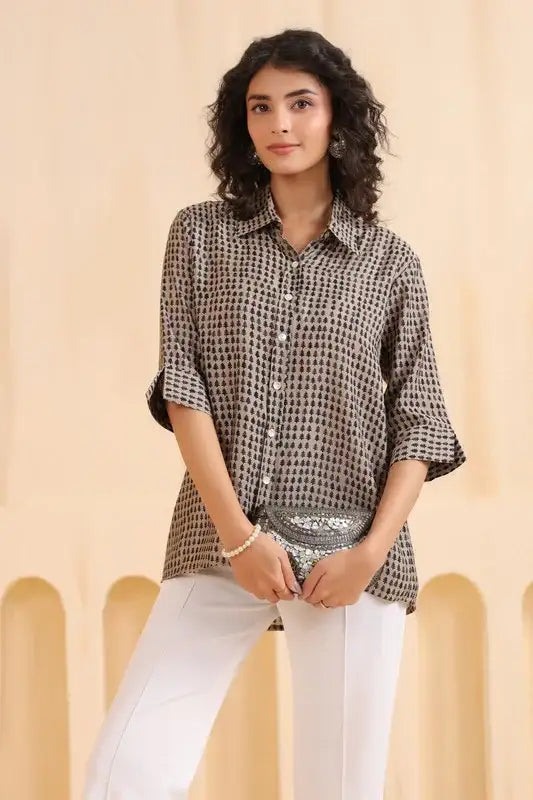 Mocha Mini Motif Everyday Muslin Silk Shirt
