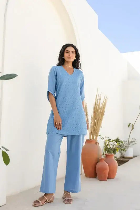 Powder Blue Bliss Schiffli Cotton Co-ord Set