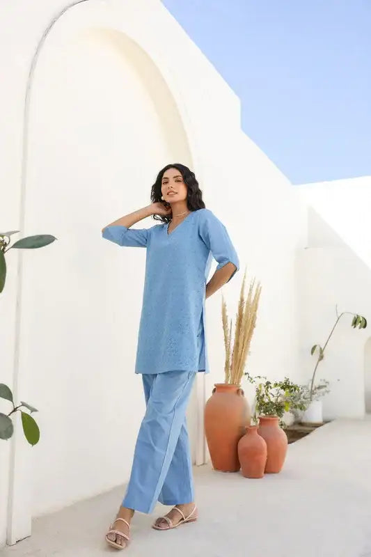 Powder Blue Bliss Schiffli Cotton Co-ord Set