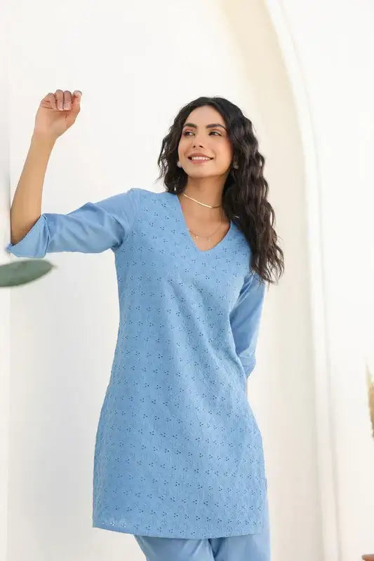 Powder Blue Bliss Schiffli Cotton Co-ord Set