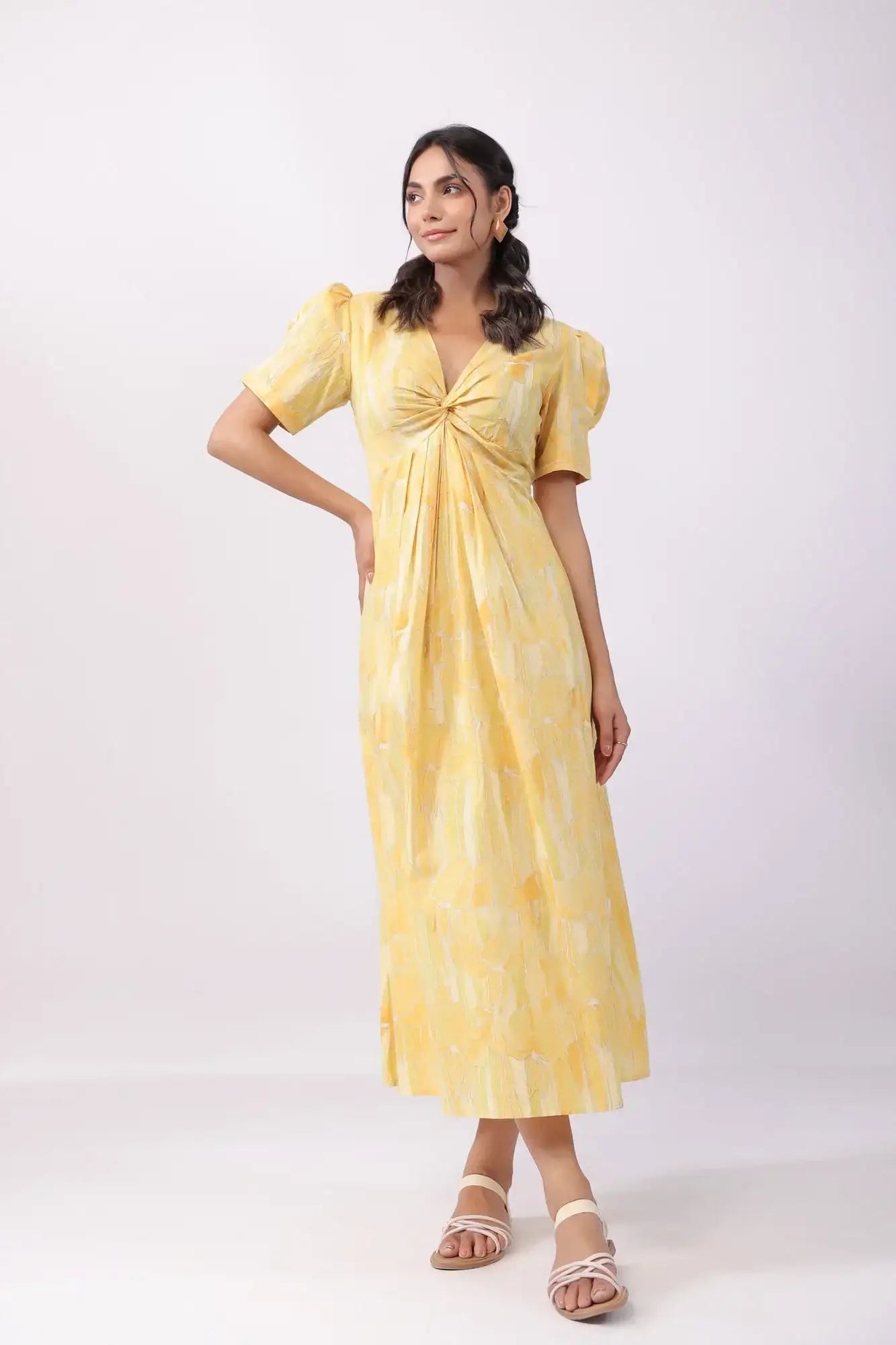 Sunrise Splash Yellow Cotton Midi Dress