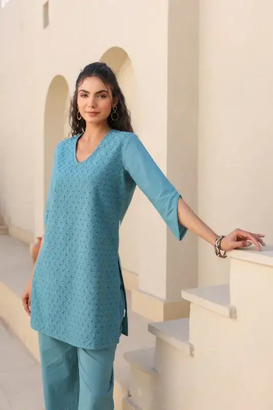 Teal Bliss Schiffli Cotton Co-ord Set