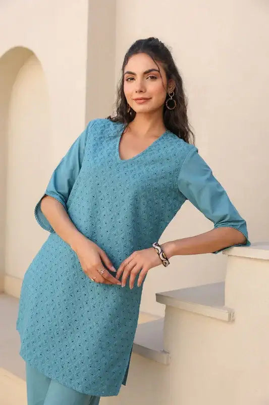 Teal Bliss Schiffli Cotton Co-ord Set