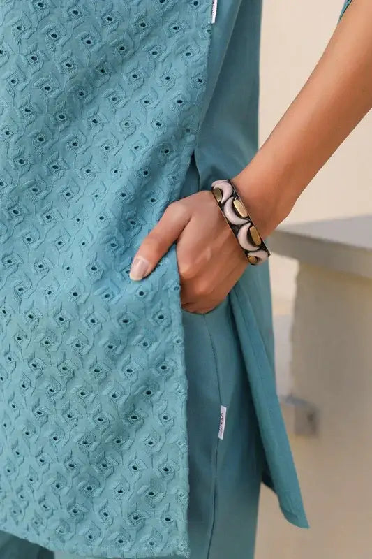 Teal Bliss Schiffli Cotton Co-ord Set