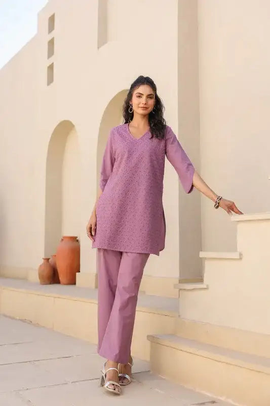 Mauve Melody Schiffli Cotton Co-ord Set
