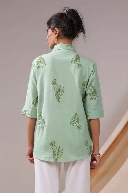 Sage Leafy Serenity Cotton Flex Shirt