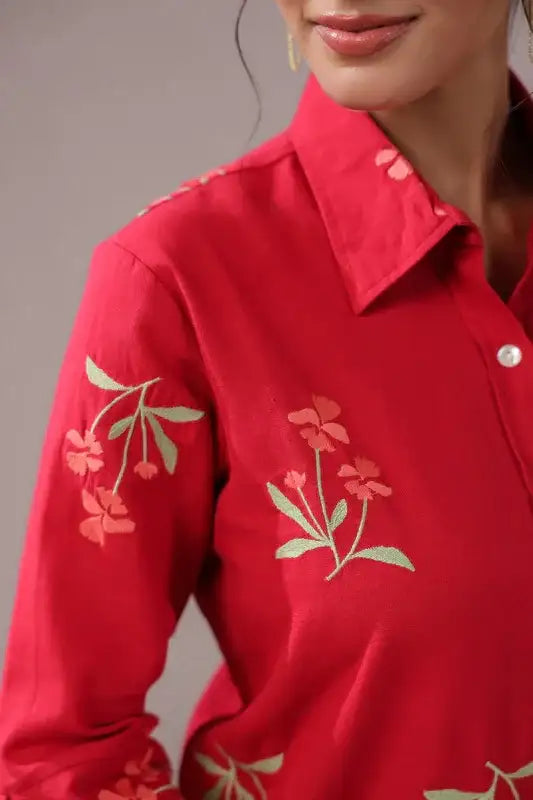 Crimson Petal Embroidered Cotton Flex Shirt