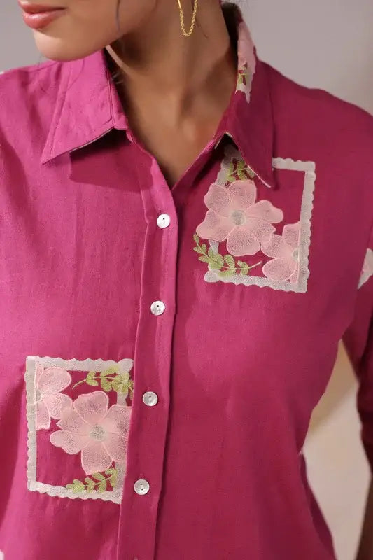 Fuchsia Patchwork Floral Cotton Flex Shirt