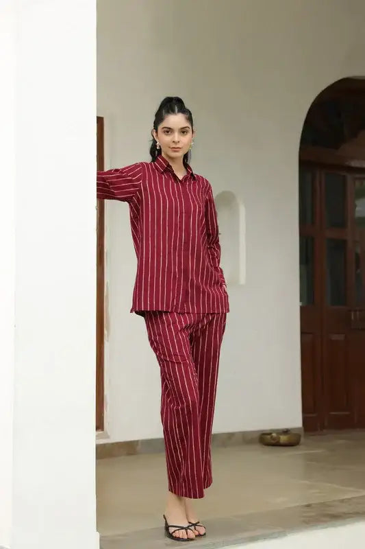 Wine Stripes Cotton Co-ord set